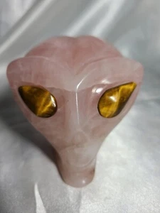 3" 442g Rose Quartz Tiger Eyes Alien Star Being Head Skull Crystal Carving - Picture 1 of 14