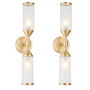 2 PACK Satin Brass Twin Wall Light & Ribbed Glass Shades Frosted Glass Defusers - Picture 1 of 11
