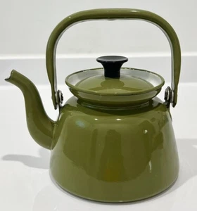 Vintage HUTA SILESIA Made in Poland ENAMELWARE Green TEA KETTLE #14 - Picture 1 of 7