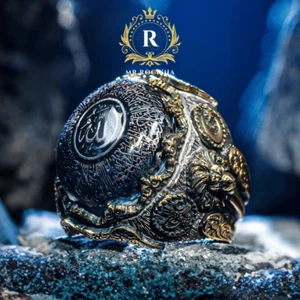 Evil Eye Quran Verse Written,Maned Relief Lion,Blue Amber,925 Silver Men's Ring - Picture 1 of 12