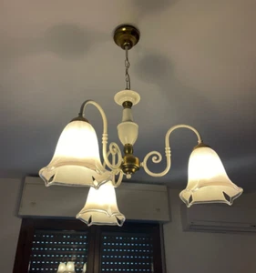Lampadario Classico 3 Luci a Campana Dettagli in Ottone e Smalto - Imagen 1 de 1