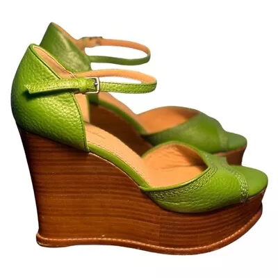 Brooks Brothers Green Leather Wedges With Wood Wedge Size 6.5 - Image 1 of 4