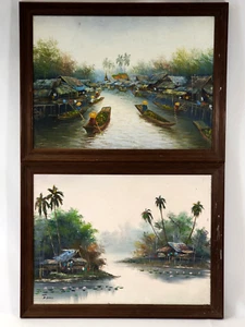 P. Kosol Signed Painting with Unsigned Other Oil Paint Framed Asian Thailand Art - Picture 1 of 23