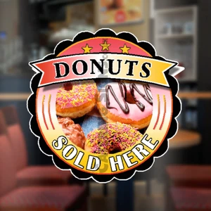 Donuts Sold Here pegatina circular roja - letrero ventana de café calcomanía helado hamburguesa - Imagen 1 de 1