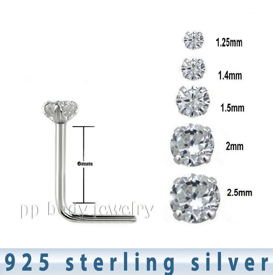 5pcs. 22G .925 Sterling Silver Round CZ Prong Set L-Shape Nose Stud Ring - Image 1 of 2