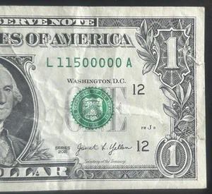 (HUNDRED THOUSANDS NOTE!) $1 5 In A Row 0s Fancy Serial Number L11500000A - Picture 1 of 5