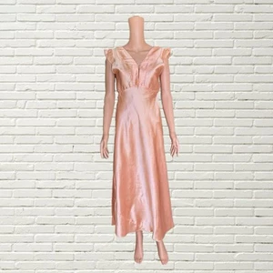 Vintage 1940s Slip Dress - Pink Liquid Satin Embroidered Maxi Slip Dress - Picture 1 of 7