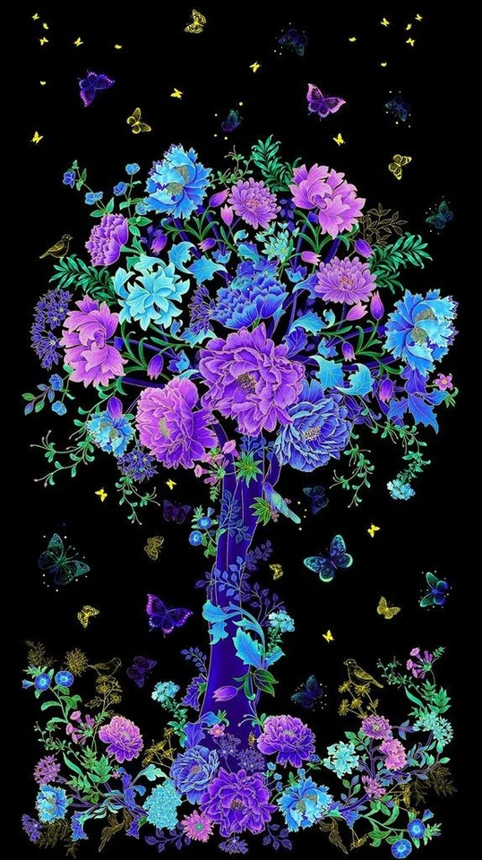 Luminoso Panel de Tela de Algodón Oro Metálico Púrpura Azul Floral Árbol 24x44" Foto 1 de 1
