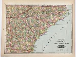 1903 GEORGIA - SOUTH CAROLINA - NORTH CAROLINA Map ORIGINAL (13x10) RAILROADS - Picture 1 of 4
