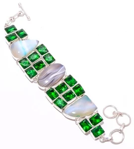 Natural Blue Lace Agate, Tsavorite Silver Plated Bracelet 7-8" T, Christmas Gift - Picture 1 of 5