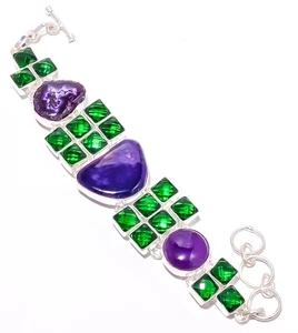 Natural Purple Solar Quartz Drusy, Tsavorite Silver Plated Bracelet 7-8" - Picture 1 of 5