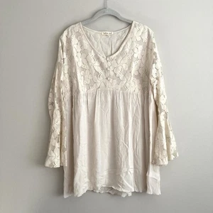 Tunica donna indaco anima avorio manica a campana pizzo taglia grande contadina bohemien boho - Foto 1 di 10