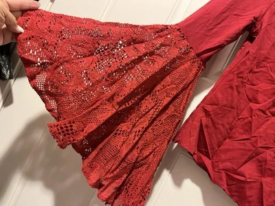 E BRAND SEXY PLUNGE V NECK RED LACE HUGE BELL SLEEVE CLUB PARTY RED STRETCH TOP - Image 1 of 4