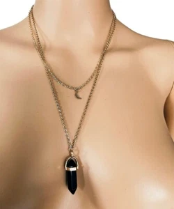 Black Obsidian Moon Healing Crystal Gold-Tone Wrapped Pendant Charm Necklace - Picture 1 of 6