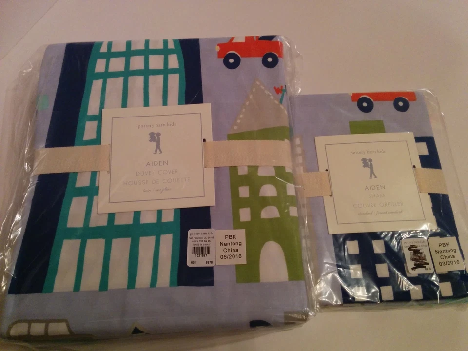 Pottery Barn Kids Aiden 双人被套和假车套装汽车建筑运输蓝色 — 第 1/1 张图片