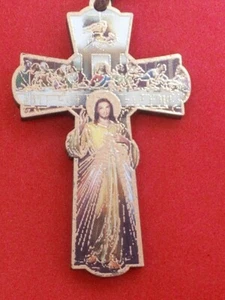 Divine Mercy-Last Supper Wood Cross Necklace, Made in Italy - Picture 1 of 4