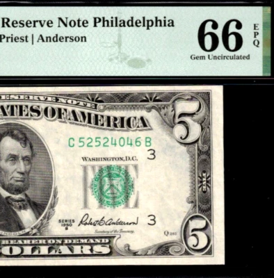 1950B $5 Federal Reserve Note PMG Gem 66EPQ - Philadelphia - Fr 1963-C - Image 1 of 3