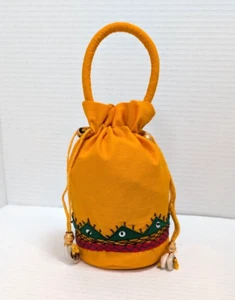 Polti bag Drawstring Indian Handbag Handmade Cotton Orange Bright Beautiful New - Picture 1 of 4