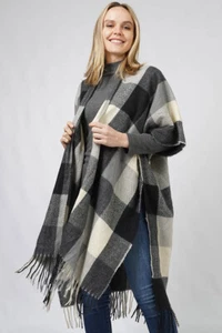 Scialle donna stile Anthropologie fantasia quadri vacanza frange mantello - Foto 1 di 19