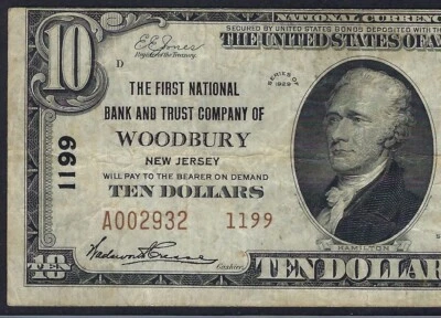 🇺🇸 NJ  1929 $10  TYPE TWO ♚♚ WOODBURY,NEW JERSEY ♚♚   PCGS VF 20 - Image 1 of 3