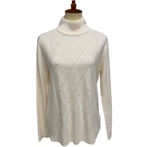 Basic Editions Missy women's sweater turtle neck Beige pearls front size L/G - Picture 1 of 12