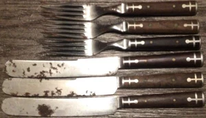 Vintage antike Landers Frary and Clark Aetna Works 3 Messer 3 Gabeln Holzgriff - Bild 1 von 7
