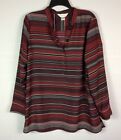 Christopher & Banks Blouse Womens Large Red Black Striped Henley Long Sleeves