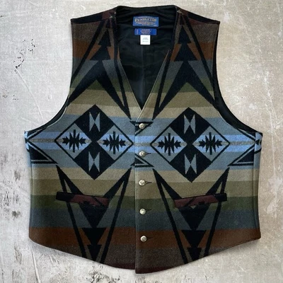Vintage 80s Pendleton Aztec Western Southwestern Wool Vest Blue Made in USA - Image 1 of 4