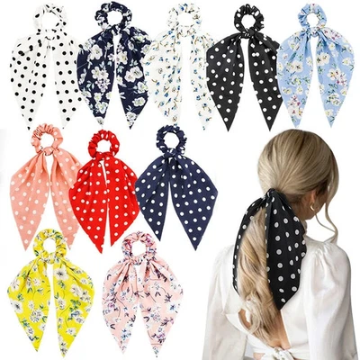 10Pcs Floral Chiffon Ribbon Polka Dots Scrunchies - Cute Bowknot Ponytail Holder - Image 1 of 4