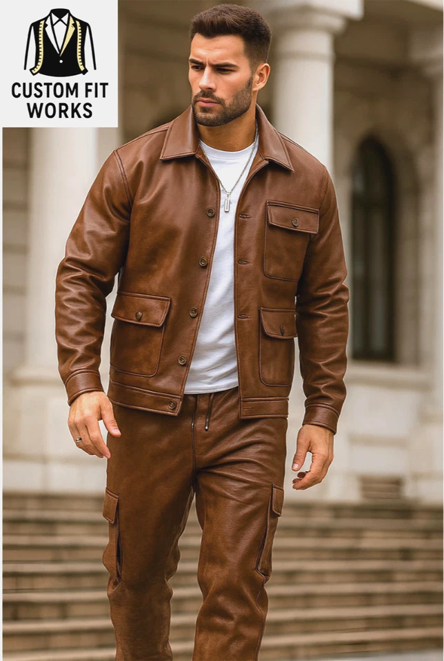 Conjunto de chándal de cuero marrón para hombre chaqueta y pantalones de chándal cargo ropa de gimnasio moda Foto 1 de 4