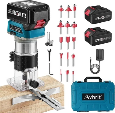 Akku-Fräse 21V mit 2x4,0Ah Akku, 6 Geschwindigkeiten, 15 Stück 1/4" Fräsern - Bild 1 von 4