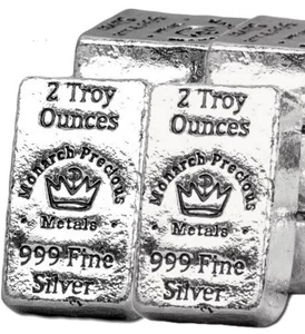 LOT 2 X 2 TROY OZ .999 FINE SILVER MONARCH HAND POURED CROWN BARS BU - Picture 1 of 5