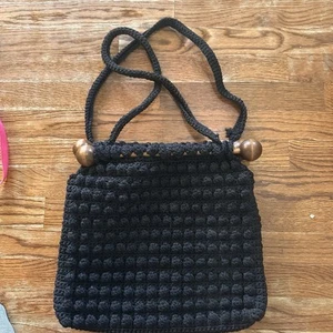 Vintage Crocheted Black Purse with Knit Shoulder Strap and Wood Bar Closure - Picture 1 of 9