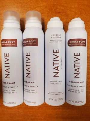 4 Pack: Native Whole Body Deodorant Spray Coconut & Vanilla 3.5oz ea NO LIDS E2B - Image 1 of 4