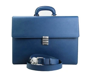 MONTBLANC 112416 BLUE SARTORIAL DBL GUSSET LARGE BRIEFCASE BAG LEATHER NEW ITALY - Picture 1 of 9