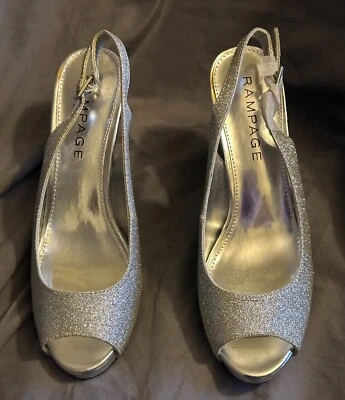 Tacones RAMPAGE para mujer - Talla 7,5 M - Plateados Brillo Peep-Toe Slingback Foto 1 de 4