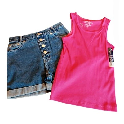 Denim Short Set-10 Girls Faded Glory Ponytails Pink Rib Knit Tank Top - Image 1 of 4
