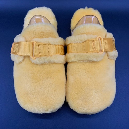 UGG FLUFF IT PANTOFOLA UOMO TAGLIA 9 US ESTATE GIALLA PELLE DI PECORA LANA LOGO CINTURINO ACCOGLIENTE