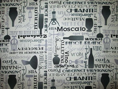  WINE BRANDS BOTTLES OPENERS FLASKS BLACK COTTON FABRIC FQ - Image 1 of 4