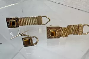 Vintage Swank Gold Tone Tiger Eye Mesh Wrap Around Cuff Links Metamorphic Rock - Picture 1 of 9