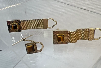Vintage Swank Gold Tone Tiger Eye Mesh Wrap Around Cuff Links Metamorphic Rock - Image 1 of 4