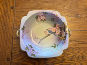 Vtg NORITAKE Japan Hand Painted Square Double Handle Bowl Blue Bird Pink Flowers - Picture 1 of 5