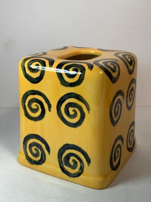 Handmade Studio Art Ceramic Yellow Tissue Box Cover with Blue Swirls Signed 6" - Image 1 of 4