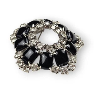 Vintage Domed Rhinestone Brooch Black White Glass Flower Star Rhodium Plated - Picture 1 of 12