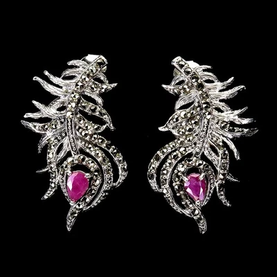 925 Sterling Silver Earrings Pear Ruby Marcasite Natural Gemstone Jewelry - Image 1 of 4