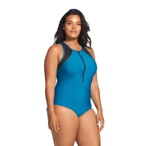 Traje de baño Speedo Powerflex Eco malla cremallera talla grande 24 azul/negro para mujer - Imagen 1 de 12