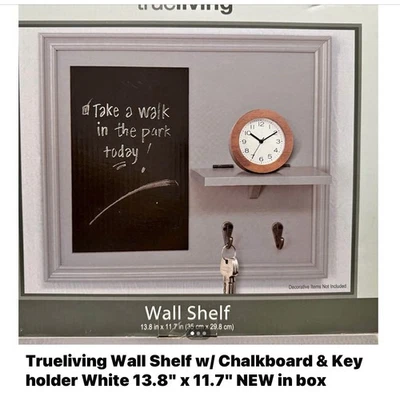 White Wood Wall Shelf With Chalkboard & Hooks - Image 1 of 4