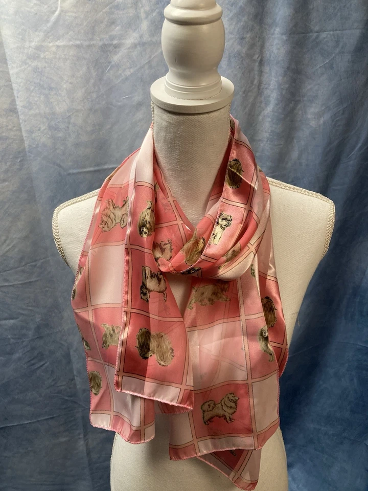 复古 20 世纪 80 年代女式粉色长方形围巾涤纶狗印花 13x60” — 第 1/4 张图片