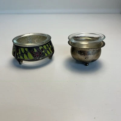 Винтажный серебряный соляной погреб пара Cloisonné 75K и 800 серебро с стеклянной подкладкой - Изображение 1 из 4