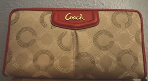 COACH Khaki Cherry Ashley Dotted Optic Art Zip Around Wallet F 48051 - Picture 1 of 5